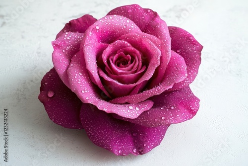 A vibrant pink rose with dewdrops glistening on its petals, meticulously placed on a pure white surface, showcasing realistic textures and lifelike colors.