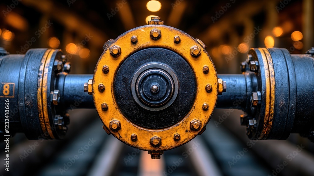 Obraz premium Industrial Valve Control, Pipeline, Factory, Closeup, Depth, Maintenance, Energy, System