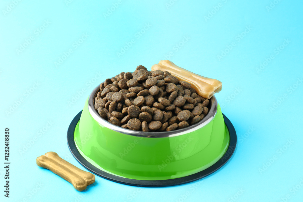 Fototapeta premium Dry pet food in feeding bowl and chew bones on light blue background