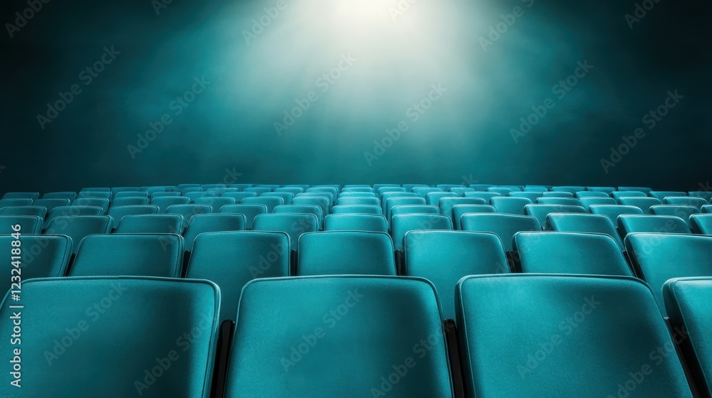 An atmospheric perspective of rows of turquoise chairs in an empty auditorium, showcasing the inviting and modern design of the seating arrangement. An atmospheric perspective of rows of turquoise chairs in an empty auditorium, showcasing the inviting and modern design of the seating arrangement.