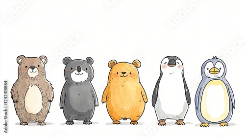 Five Cute Stylized Animals Standing In A Row With A White Background Simple And Clean Design. photo