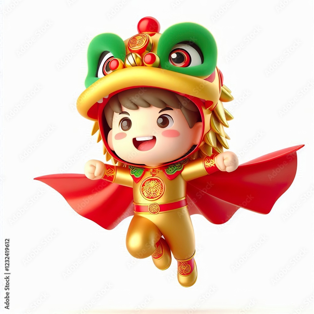 3D Adorable cartoon gold red green happy flying superhero cute boy in a lion dance costume, white background 3D Adorable cartoon gold red green happy flying superhero cute boy in a lion dance costume, white background