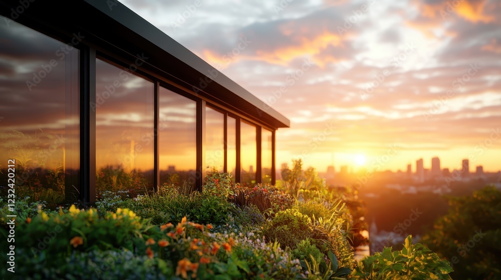 A stunning sunset view from a rooftop garden covered in vibrant flora, presenting an enchanting atmosphere that harmonizes nature with city life and tranquility. A stunning sunset view from a rooftop garden covered in vibrant flora, presenting an enchanting atmosphere that harmonizes nature with city life and tranquility.