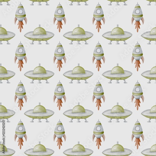 Whimsical watercolor design featuring rockets and UFOs in a playful repeat pattern photo