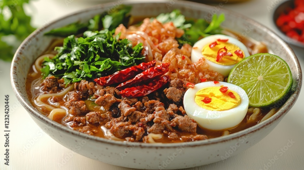 A vibrant bowl of noodle soup garnished with herbs, eggs, and lime, set on a bright table A vibrant bowl of noodle soup garnished with herbs, eggs, and lime, set on a bright table