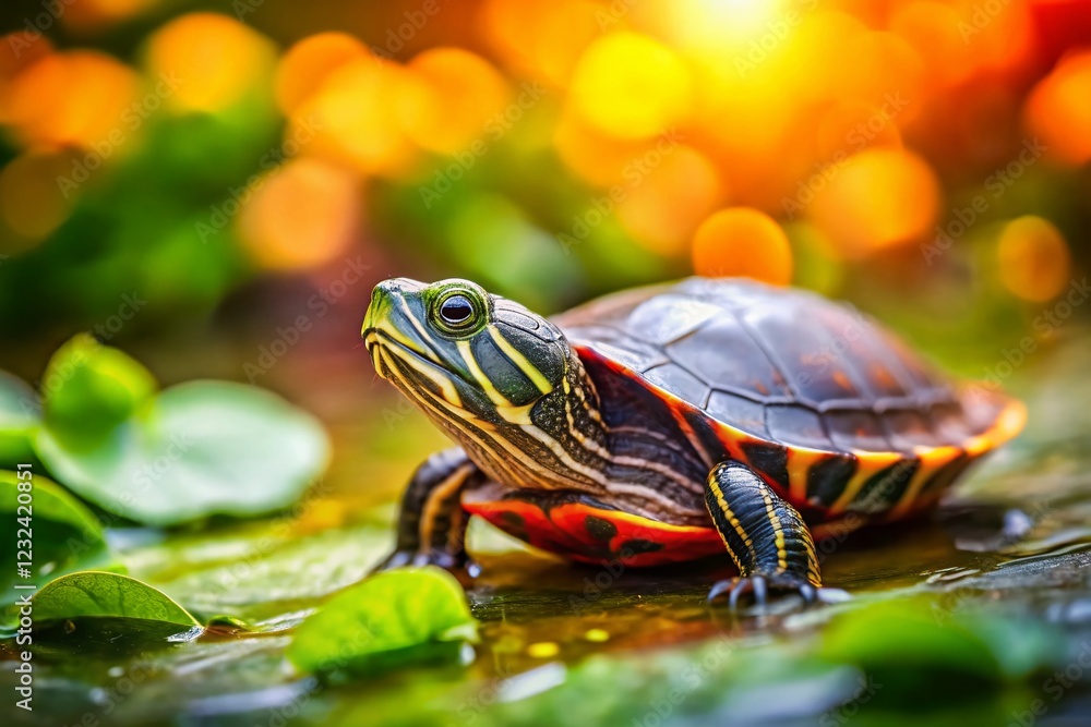 Adorable Baby Painted Turtle with Bokeh Background - Wildlife Stock Photo Adorable Baby Painted Turtle with Bokeh Background - Wildlife Stock Photo
