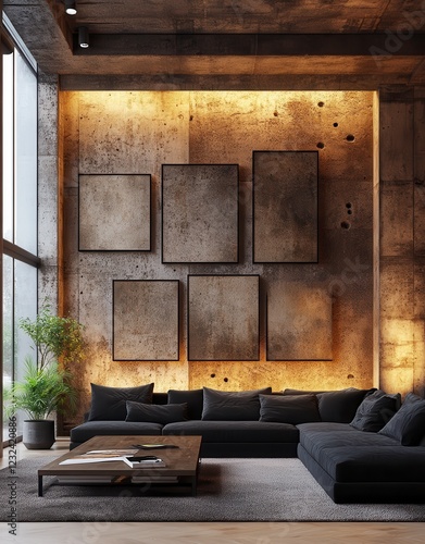 Wallpaper Mural Modern living room interior with dark gray sectional sofa, textured rug, low coffee table, and five framed artworks on a warmly lit concrete wall. A Torontodigital.ca