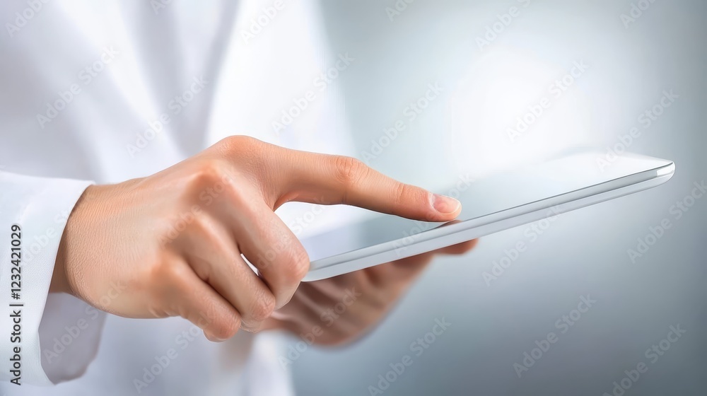 Closeup of a person holding tablet with pristine white screen, ideal for presentations and applications Closeup of a person holding tablet with pristine white screen, ideal for presentations and applications