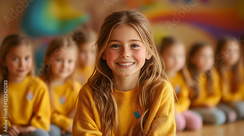 Smiling Girl Leads Group in Yellow Sweaters with Rainbow Background