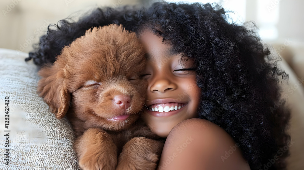 Cute Child Embraces Adorable Puppy with Closed Eyes and a Gentle Smile on the Couch. Cute Child Embraces Adorable Puppy with Closed Eyes and a Gentle Smile on the Couch.