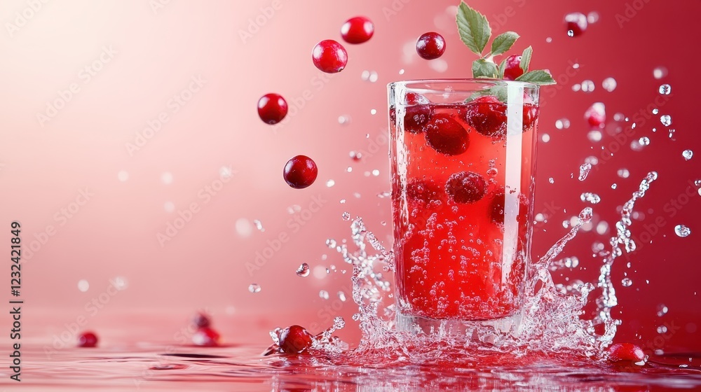 A crystal-clear glass of cranberry juice surrounded by scattered cranberries, capturing the splashing effect as the drink appeals visually and tantalizes the taste buds. A crystal-clear glass of cranberry juice surrounded by scattered cranberries, capturing the splashing effect as the drink appeals visually and tantalizes the taste buds.