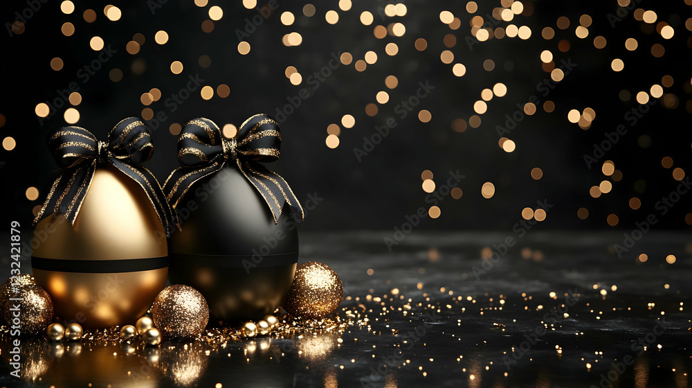 Fototapeta premium Elegant Black and Gold Decorated Eggs with Festive Lighting Creates a Luxurious Holiday Atmosphere.