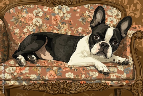 Vintage floral sofa, Boston Terrier dog, antique furniture, pastel colors, detailed illustration, whimsical style, Victorian era, floral pattern upholstery, ornate wooden frame, charming pet portrait,