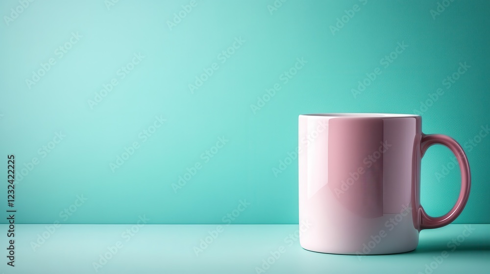 A stylish coffee mug with a pink handle, set against a soothing turquoise background, perfect for modern kitchen aesthetics and creating a warm, inviting atmosphere. A stylish coffee mug with a pink handle, set against a soothing turquoise background, perfect for modern kitchen aesthetics and creating a warm, inviting atmosphere.