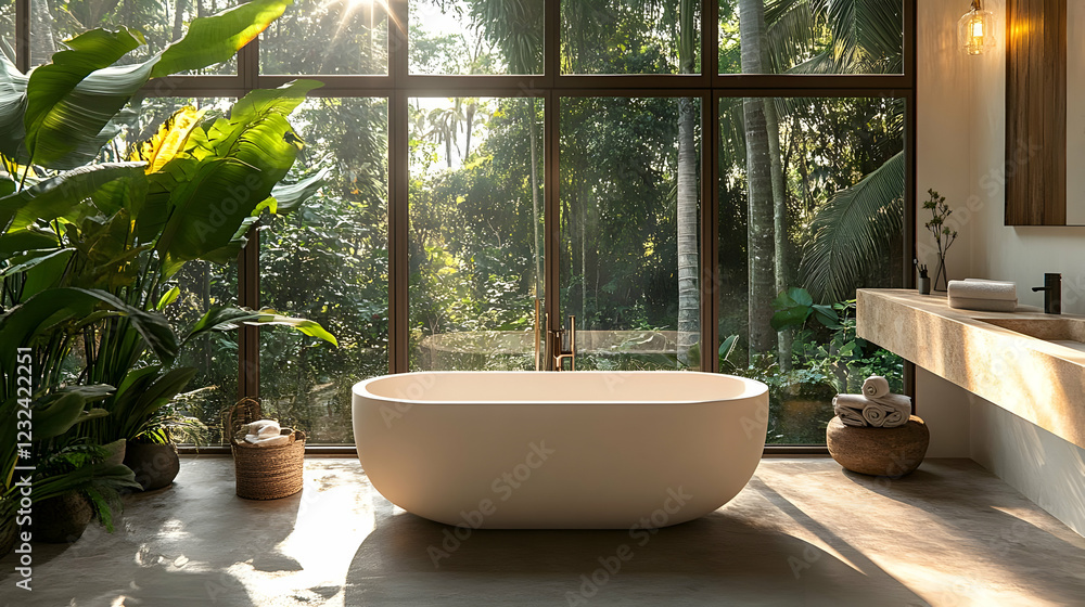Modern Bathroom Interior with Lush Greenery and Natural Light Illuminating the Space Beautifully Modern Bathroom Interior with Lush Greenery and Natural Light Illuminating the Space Beautifully