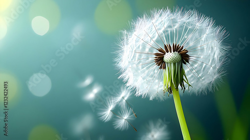 Dandelion Seeds Gently Float on a Soft Breeze Against a Blurred Green Background