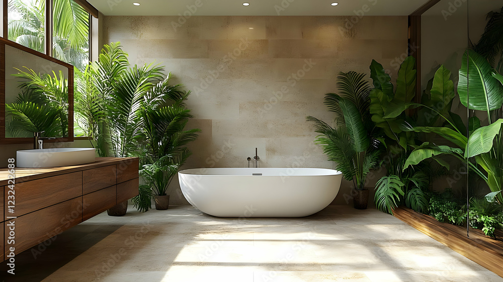Fototapeta premium Modern Bathroom Design Features a Luxurious Soaking Tub and Lush Greenery, Creating a Tranquil Oasis.