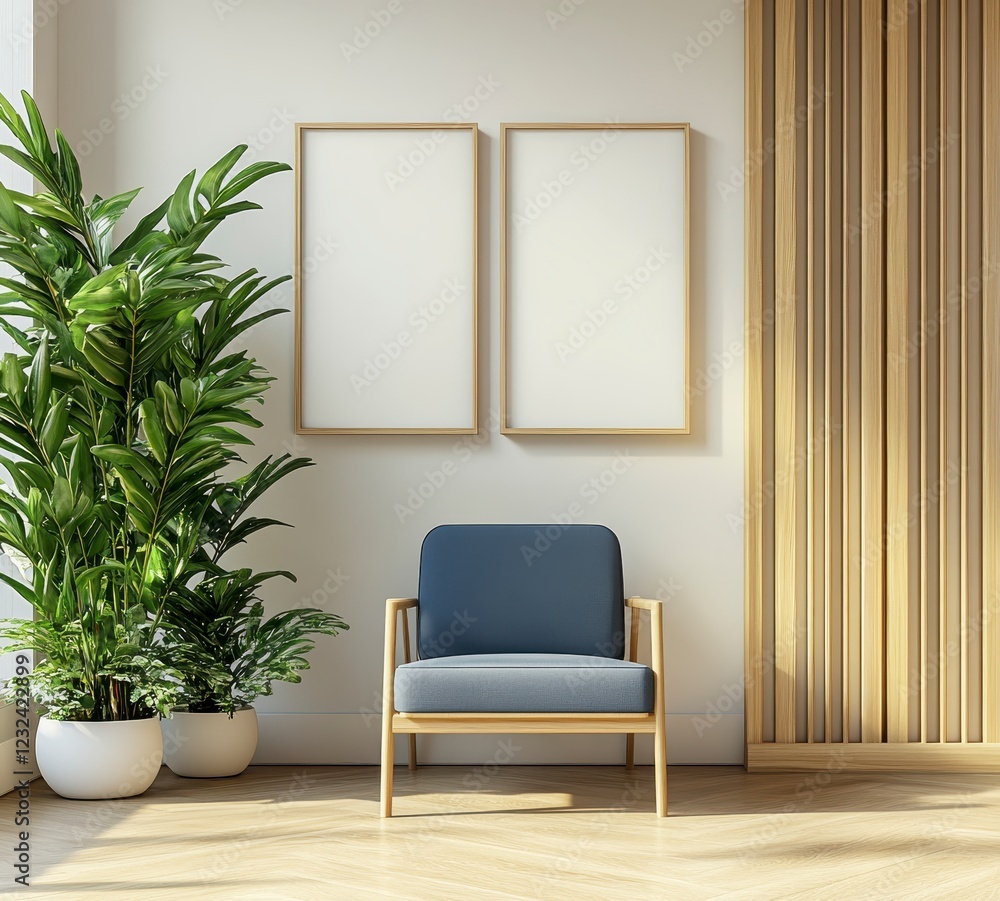 Modern minimalist interior design featuring a navy blue armchair, two blank framed canvases, potted plants, and a light wooden wall accent. Bright Modern minimalist interior design featuring a navy blue armchair, two blank framed canvases, potted plants, and a light wooden wall accent. Bright