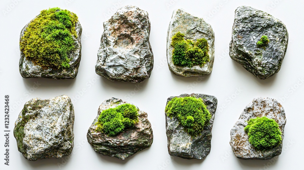 Mossy rocks arranged on white background, nature texture Mossy rocks arranged on white background, nature texture