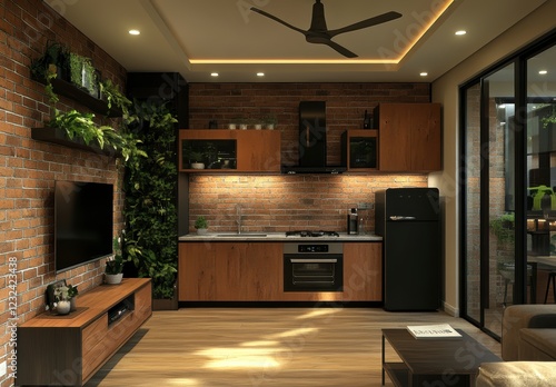 Modern kitchen design featuring exposed brick walls, dark wood cabinets, and a vertical garden. The room is warmly lit and showcases a contemporary photo