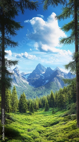 Stunning landscape showcasing towering mountain peaks. Covered in snow and ice. Rising majestically above a vibrant green valley and dense pine forest under a bright blue sky with fluffy white clouds