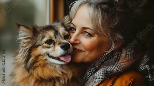 A woman embraces her furry ...