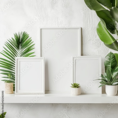 blank white fram and plant in the living room.
