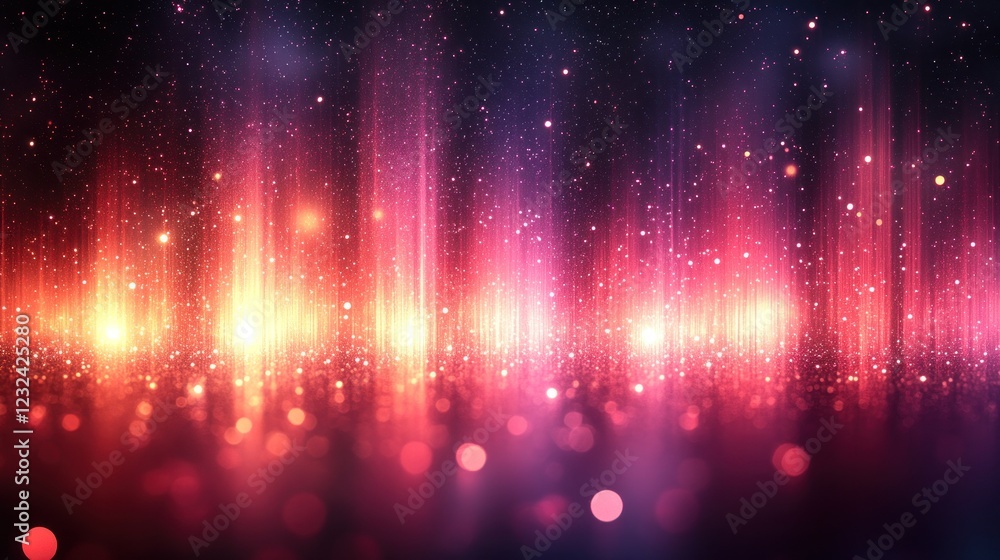 Fototapeta premium Abstract glowing pink and orange light streaks and sparkles on dark background.