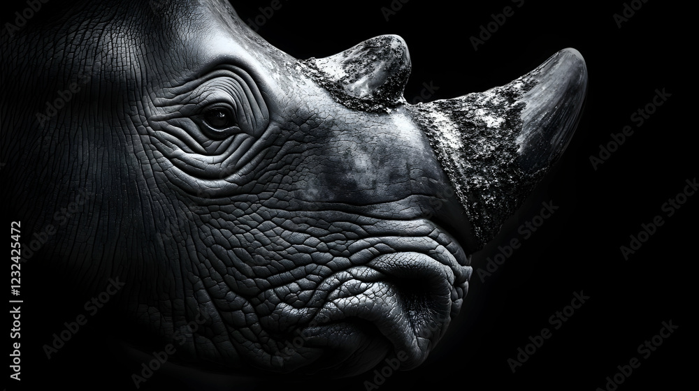 Obraz premium Close-up of a Rhinoceros Face Shows Detailed Skin Texture in Black and White Photography