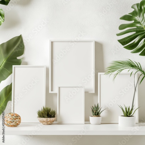 blank white fram and plant in the living room.