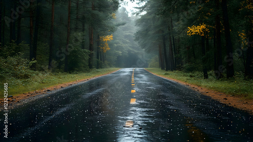 Wet asphalt road winds thro...