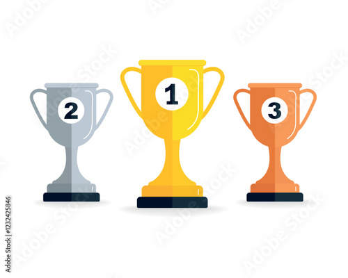 Set of three different color trophy cups with positions flat vector design on white background. trophy for 1st - 2nd - 3rd place. first place winner, contest winner