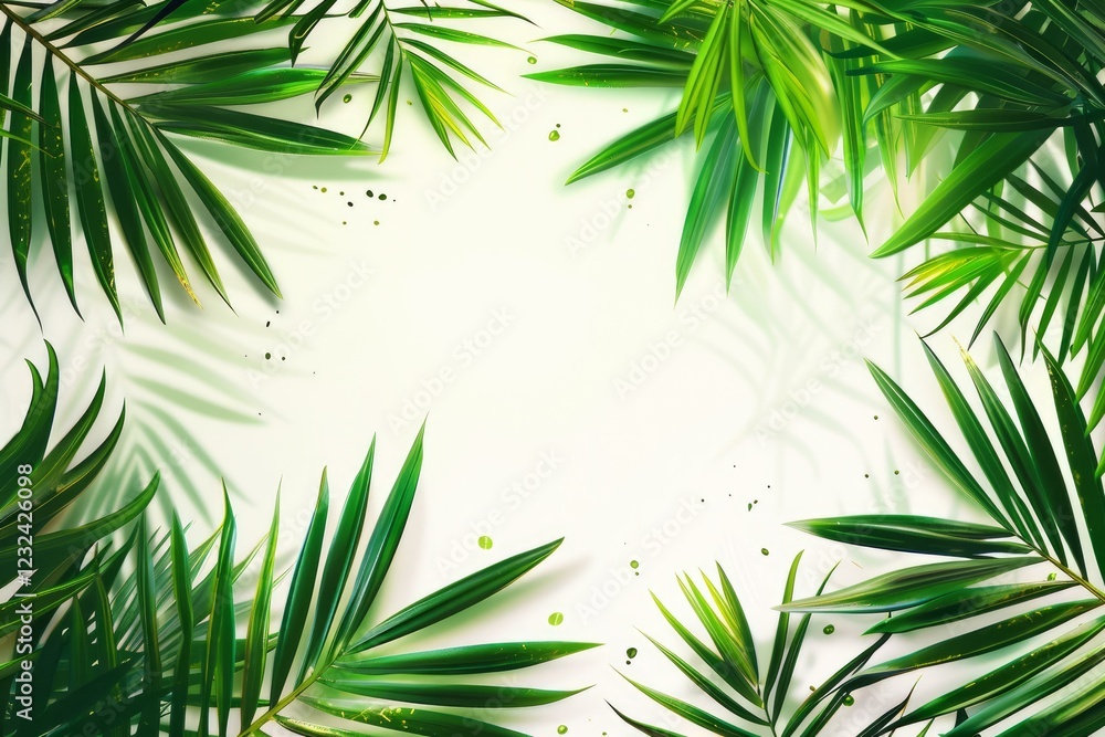 Fototapeta premium Tropical palm leaves creating a refreshing border on a white background with golden glitter, perfect for summer or nature themed designs