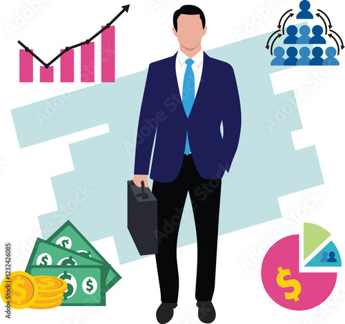 vector Illustration of a confident businessman standing with a briefcase and Financial Background
