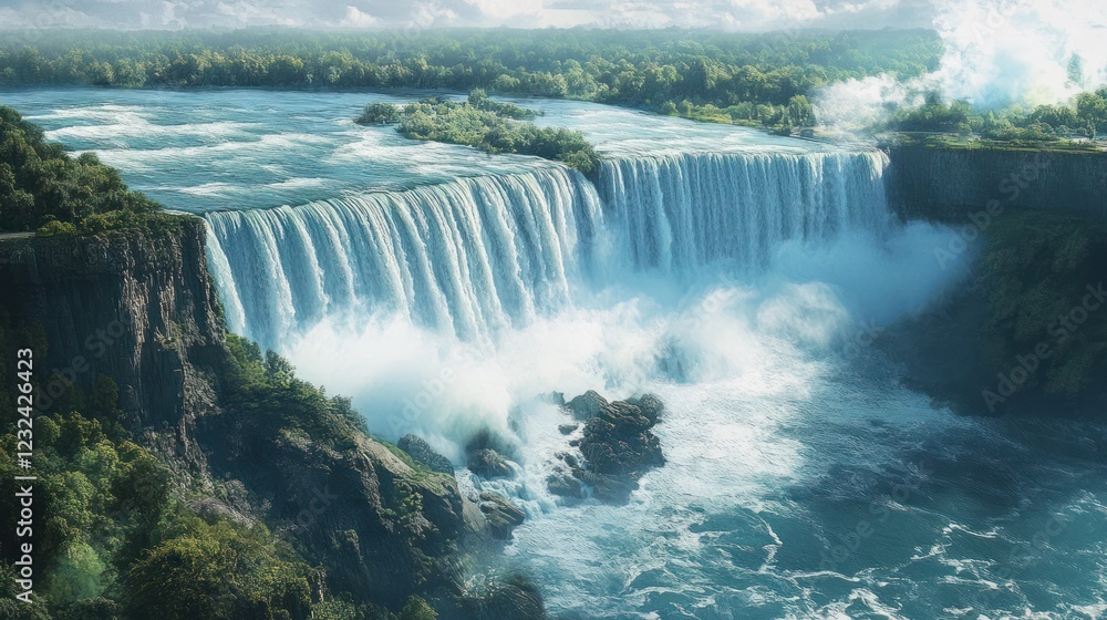 Fototapeta premium Majestic waterfall cascading, lush greenery, sunny day, travel background