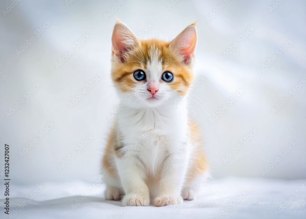 Adorable White Kitten with Ginger-Black Markings on Clean White Background - Stock Photo Adorable White Kitten with Ginger-Black Markings on Clean White Background - Stock Photo