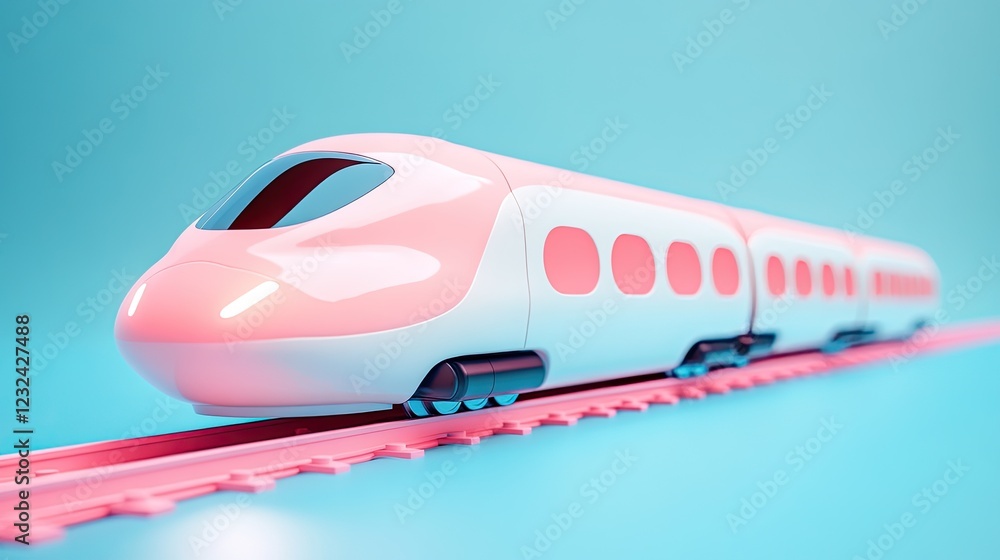 A pink and white high-speed train on tracks against a blue background. A pink and white high-speed train on tracks against a blue background.