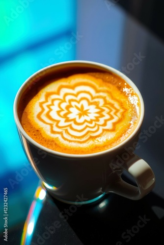 Minimalist White Coffee Cup with Latte Art on a Sunlit Table Creating Soft Shadows