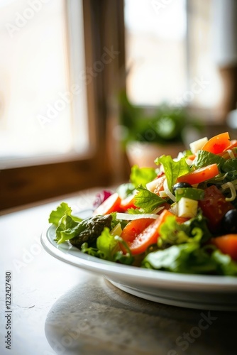 Fresh and Colorful Vegetable Salad with Lettuce, Cherry Tomatoes, and Onions on a White Plate in a Bright Kitchen Setting