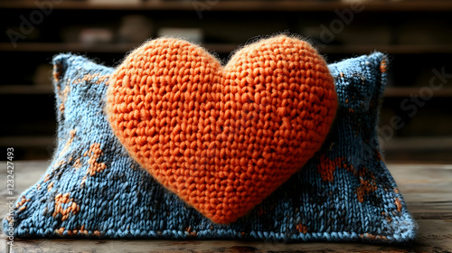 Orange Knitted Heart on Blu...