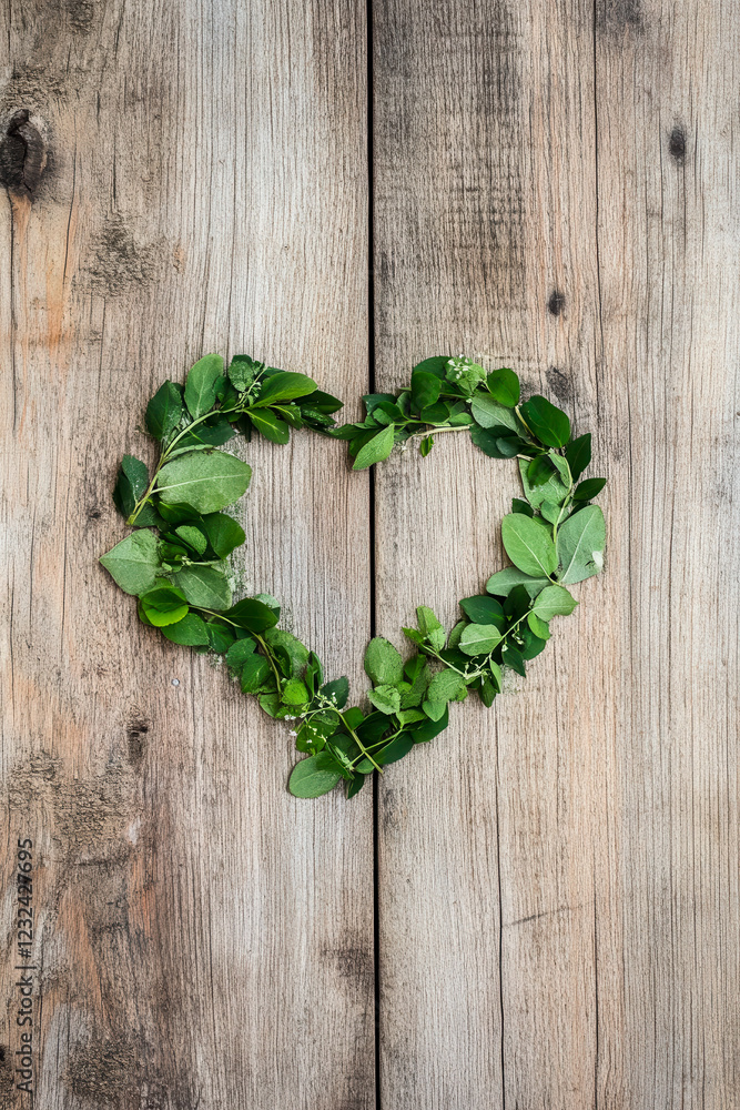 Heart shaped green leaves arranged on rustic wooden background Heart shaped green leaves arranged on rustic wooden background