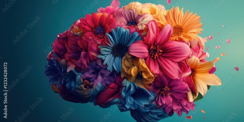 Obraz premium Colorful flowers shaped like a brain, teal background. Mental health concept
