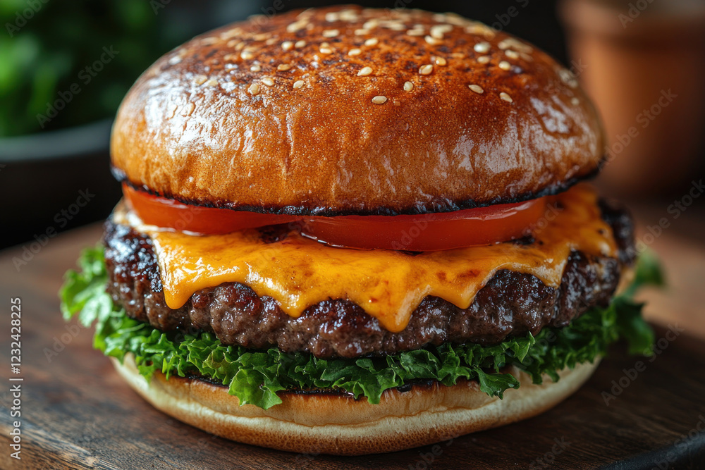 A mouthwatering cheeseburger with a juicy beef patty topped with melted cheddar cheese.