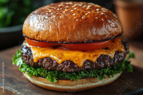 Obraz na płótnie A mouthwatering cheeseburger with a juicy beef patty topped with melted cheddar cheese. w salonie