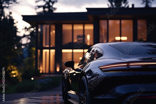 Luxury Car in Front of Modern House at Dusk
