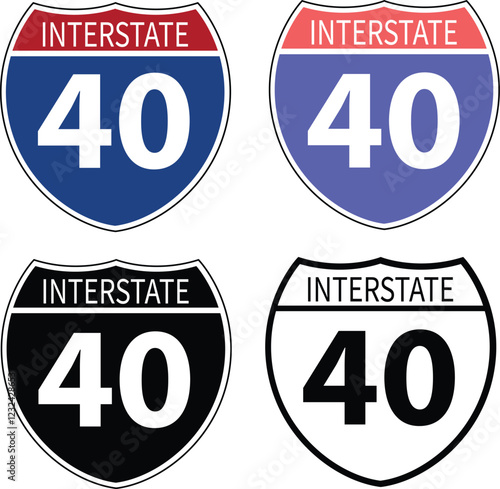 US Interstate 40 highway sign with route number and text. Interstate highway 40 road sign. 40 route symbol.