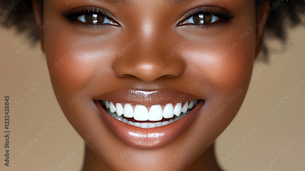 Close-up of Woman Shows Perfect Smile with White Teeth and Glowing Skin Clearly. Close-up of Woman Shows Perfect Smile with White Teeth and Glowing Skin Clearly.
