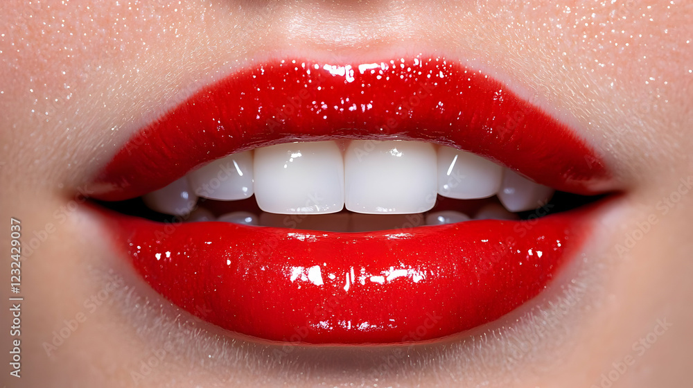 Obraz premium Close-up of Glossy Red Lips and White Teeth Reveals Beauty and Oral Hygiene Practices