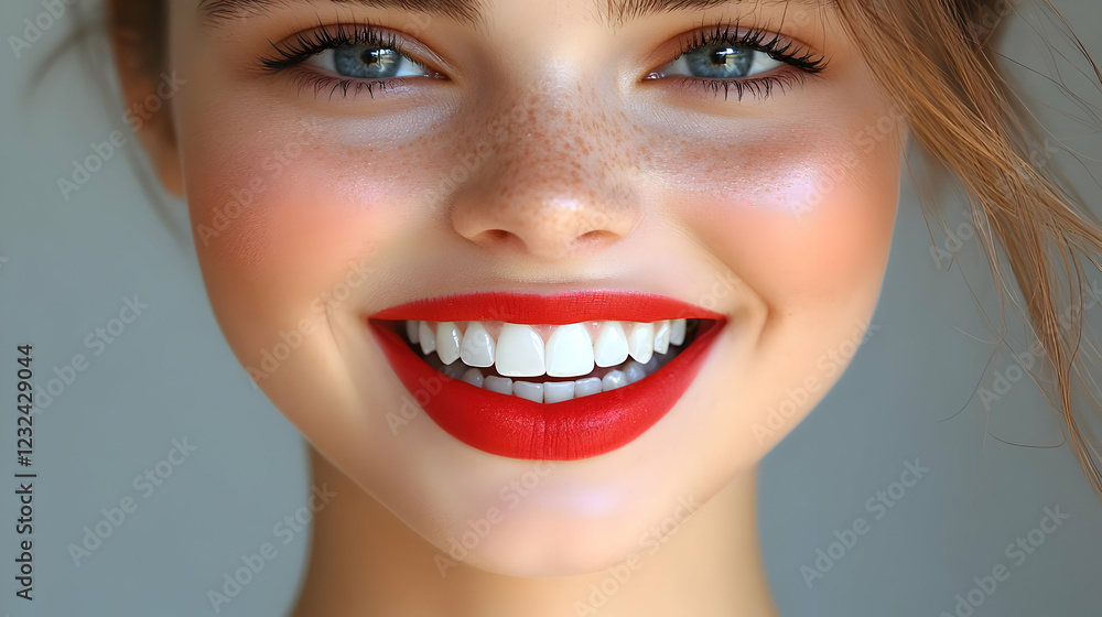 Close-up of a Woman with Freckles Smiling Brightly with Red Lipstick Perfectly Applied Close-up of a Woman with Freckles Smiling Brightly with Red Lipstick Perfectly Applied