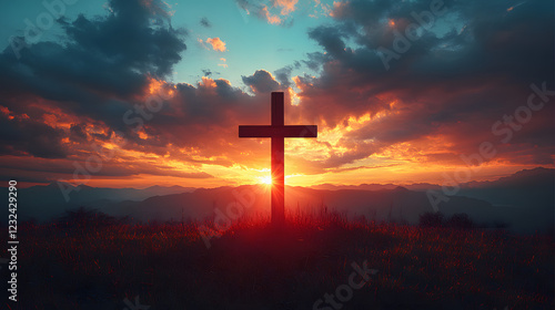 A cross is lit up in the sky above a mountain. The sun is setting, casting a warm glow over the scene. Concept of peace and spirituality, as the cross is a symbol of faith